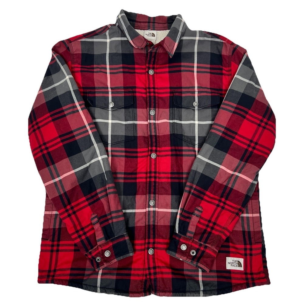North Face Jacket Shacket Mens L Plaid Sherpa Fleece Lined Snap Pockets Red